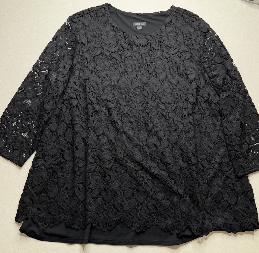 J Jill Wearever Collection Top Womens 2X Black Lace 3/4 Sleeve Tunic Pullover